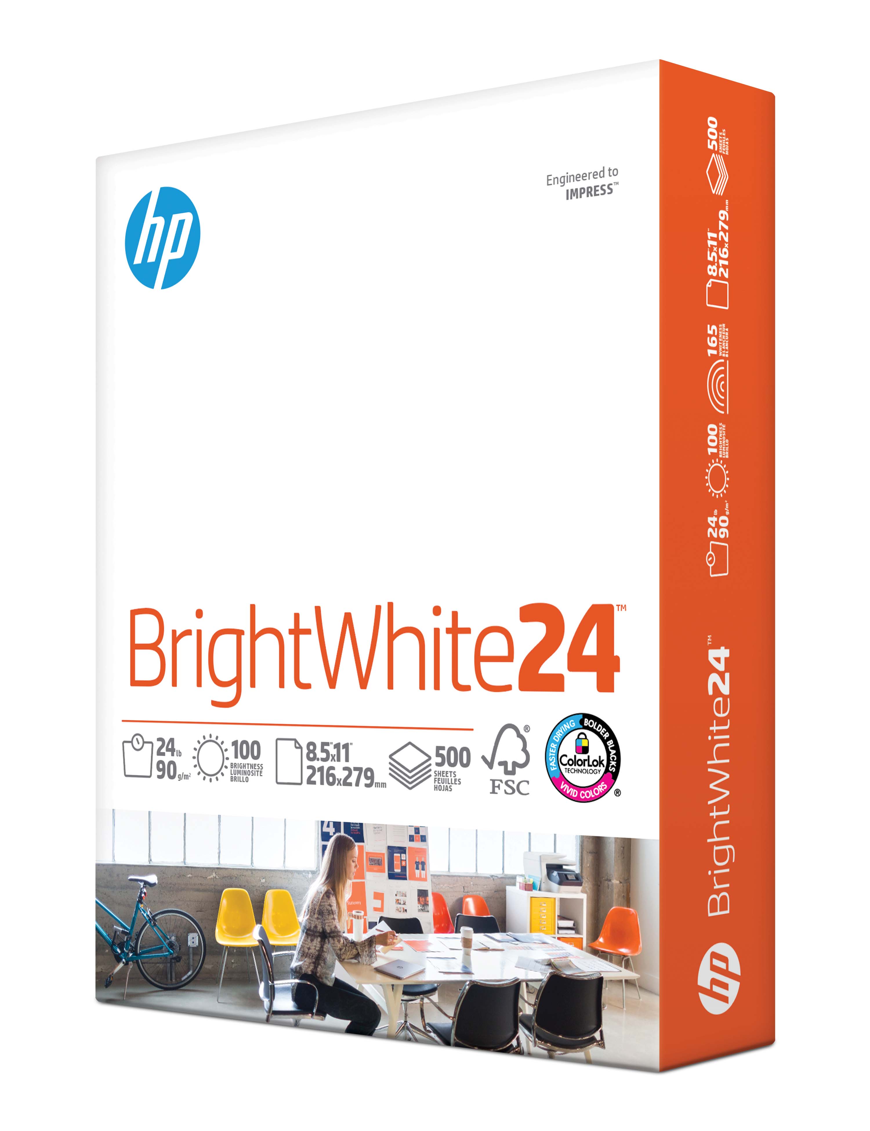 HP Brightwhite 24 Printer Paper, 8.5" x 11", White, 500 Sheets