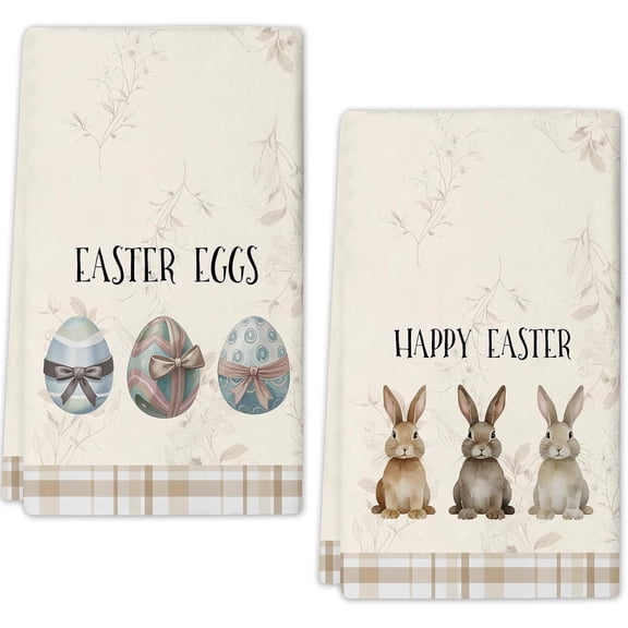 Happy Easter Kitchen Towel 18"x26" Cute Bunny Eggs with Ribbon Buffalo Check Plaid Dish Towels Spring Home Kitchen Decor Hand Towels Set of 2