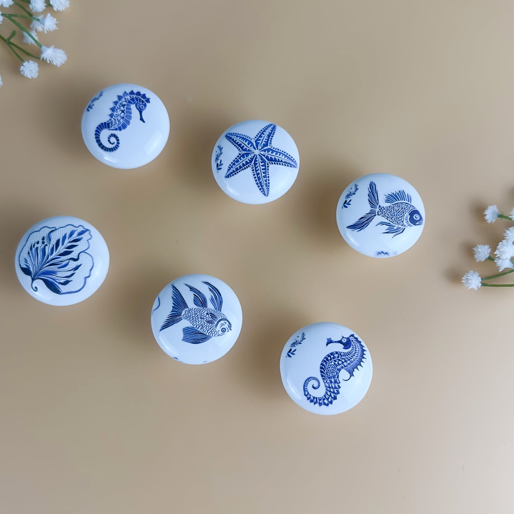 Jamjam Coastal Beach Cabinet Themed Nautical Kids Drawer Knobs, 1.5 Diameter Round Ceramic Blue with Screws 6 Piece