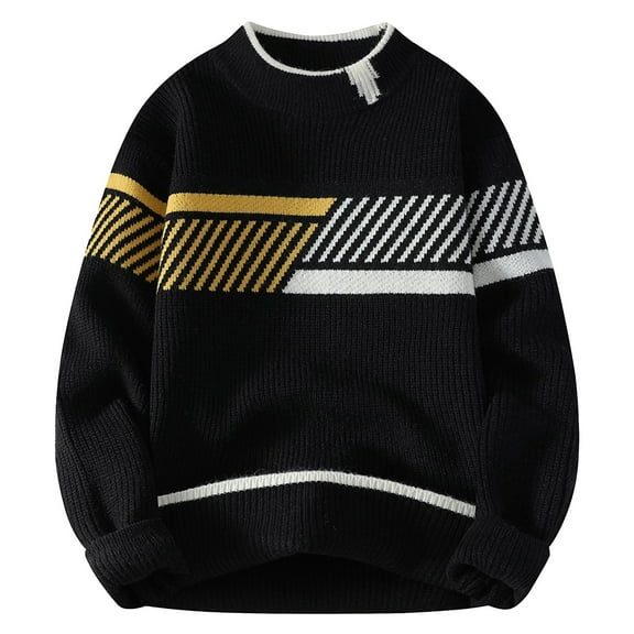 YUGYXL Men's Crewneck Sweaters Pullover Loose Long Sleeve Vintage Color Block Patchwork Knitted Casual Sweater Tops Black XXL