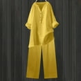 thumbnail image 5 of UVEASISHA Plus Size Linen Set for Women Summer Casual Beach Outfits 2 Piece Long Sleeve Henley V Neck Tops and Wide Leg Pant Sets Yellow XXXXL, 5 of 10