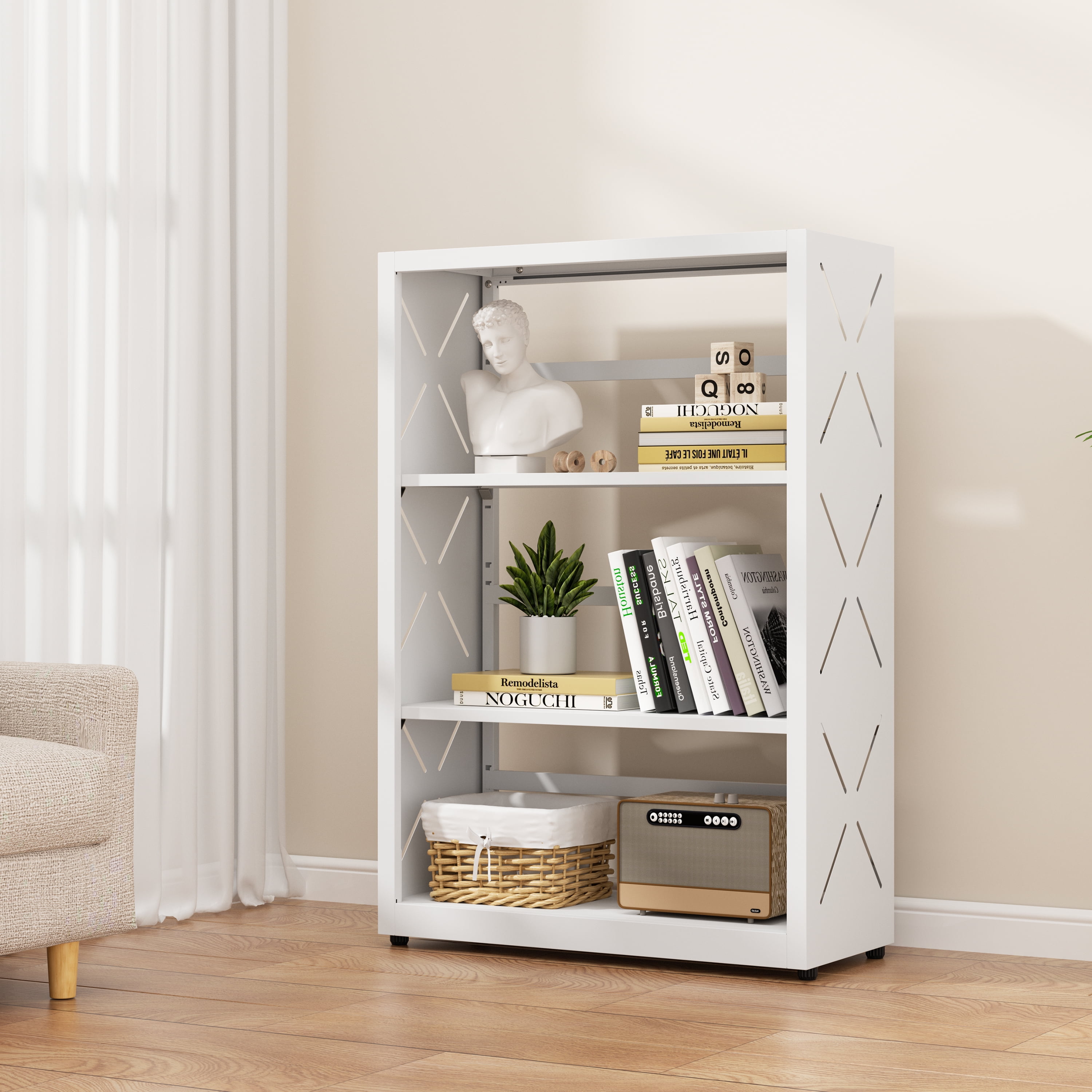 Polup Industrial Bookcase 3-Tier Metal Adjustable Freestanding Storage Rack with Bookends White 1-Pack