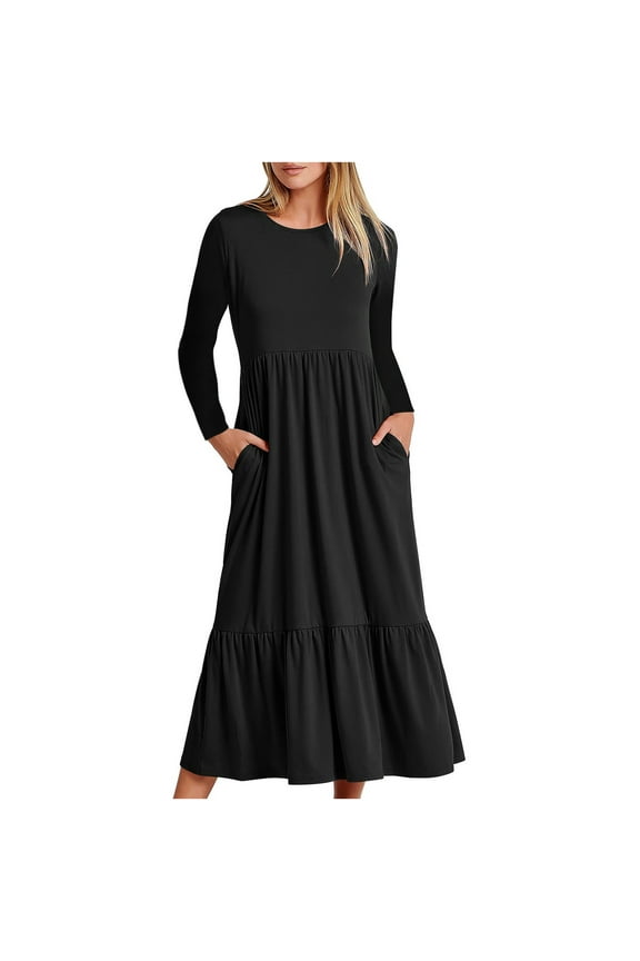 Maxi Dress for Women Womens Autumn And Winter Solid Color Long Sleeve Round-neck Smocked Boho Dress A-Line Ruffle Frill Tiered Swing Midi Dress Polka Dot Tank dress Midi Dress Short Dress