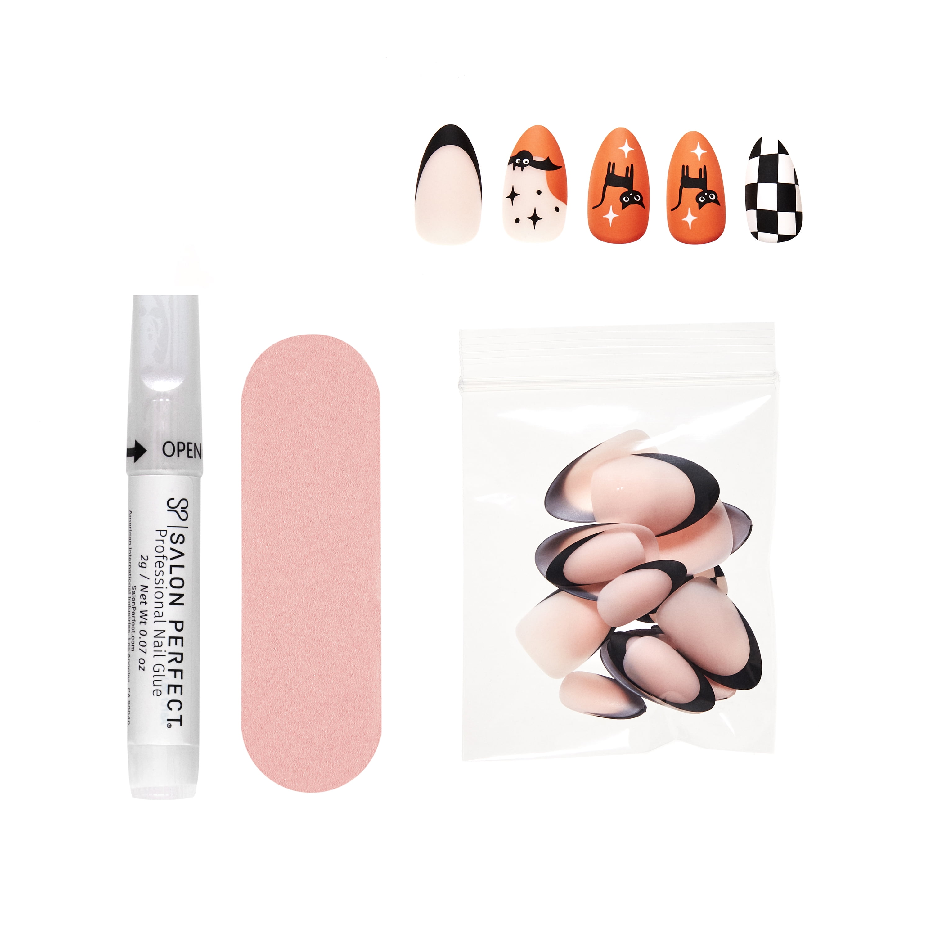 Salon Perfect Falloween Press On Nails, 329 Matte Checkered Cat, File & Glue Included, 30 Nails