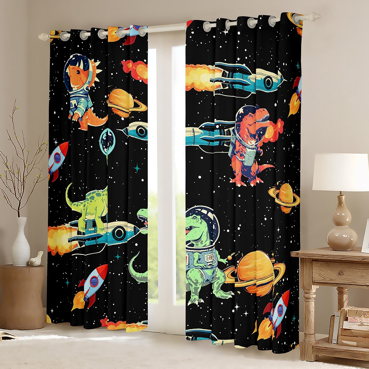 Feelyou Kawaii Dinosaur Kids Curtains Pack of 2 (42x84 Each), Mystic Outer Space Curtains Blackout, Stars Rocket Planet Bedroom Curtains, Black Out Curtains Decor
