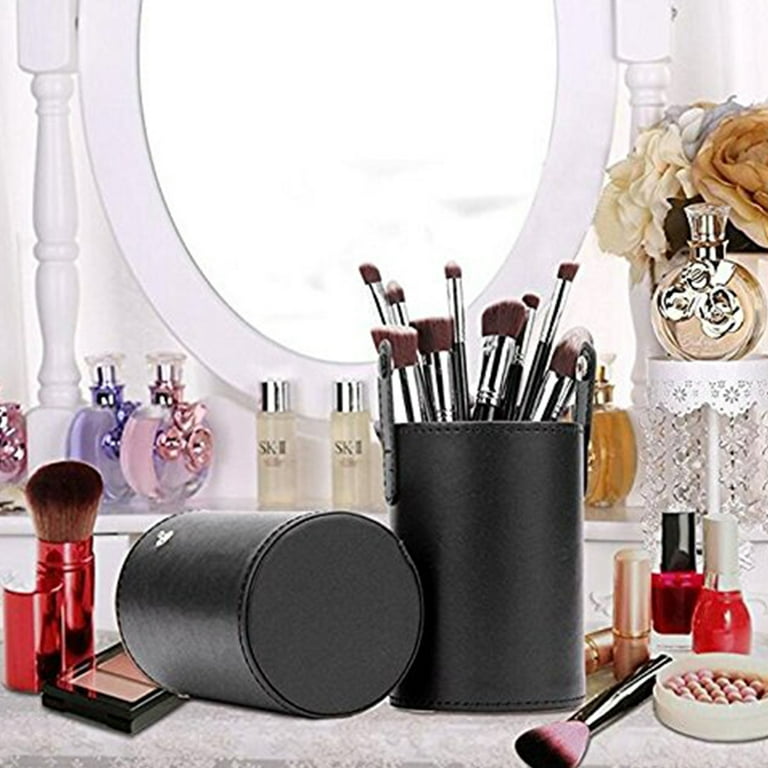 Heldig Portable Make Up Brush Holder, Cosmetic Brush Bucket Storage  Cylinder PU Leather Cosmetics Make Up Cup Organizer for Desk and TravelB 