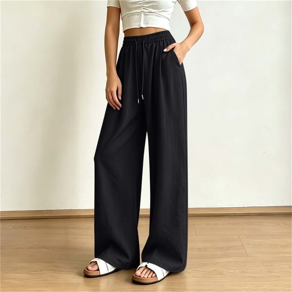 IUYRTFE Women Solid Color Elastic Waist Straight Leg Pants with Pockets Casual Loose Trousers for Daily Wear