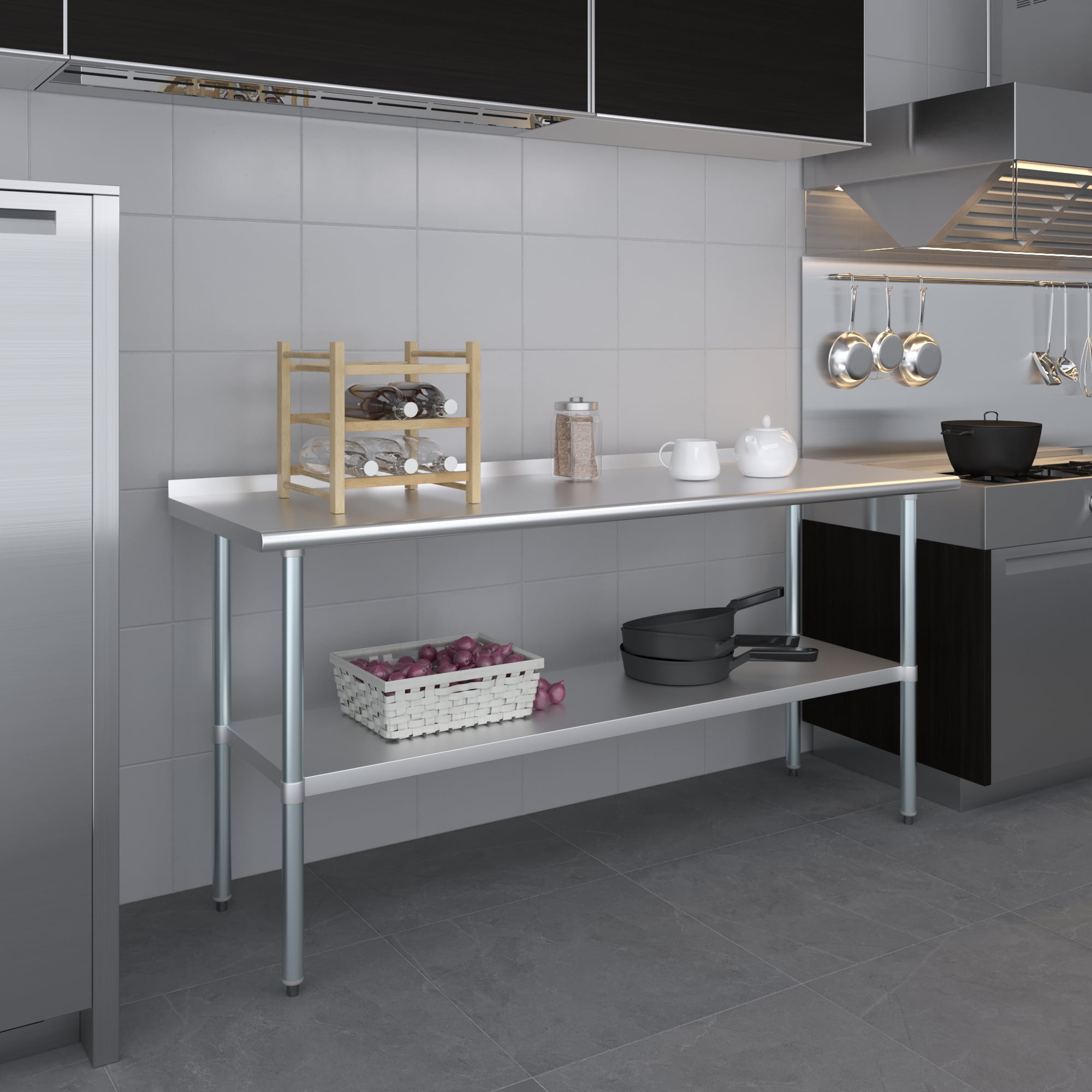 AmGood 24 in. x 72 in. Stainless Steel Work Table with 1.5 in. Backsplash | Metal Kitchen Food Prep Table
