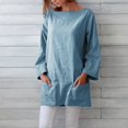 thumbnail image 2 of VISALY Women's Linen Long Sleeve Crewneck Tunic Shirt Loose Fit Casual Pullover Tops with Pockets Plain Wrinkle Free Blouses Long Blouses Dressy Casual Lightweight Spring Fall Shirts Blue S, 2 of 6