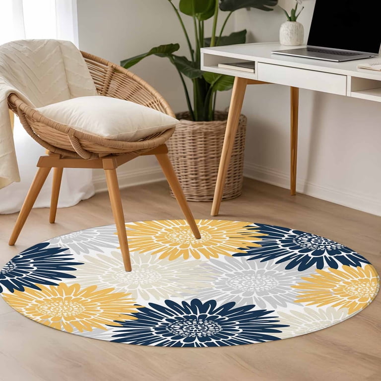 Navy Blue Gray Yellow Sunflowers 4ft Round Rug for Cozy Reading