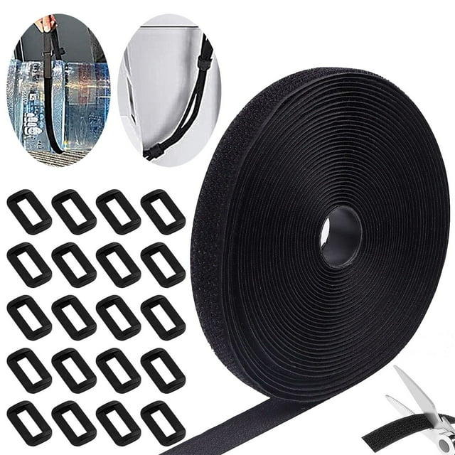 Sangles en Nylon Ecohintz Réutilisables 5M Rouleau de Fermeture Éclair en Nylon avec 20 Boucles de Came Réglables - Robuste pour Équipement, Cargo & Lot Extérieur / Sécurisé & Écologique, Sangles Réglables, Noir