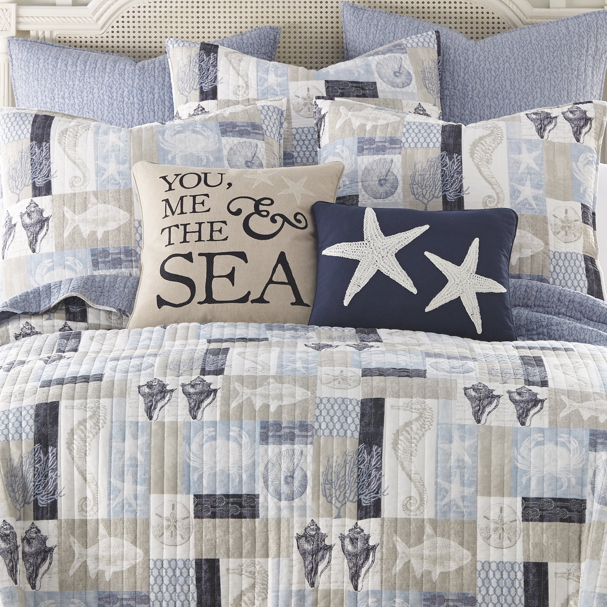 Levtex Home - Cerralvo Full/Queen Quilt Set - Coastal Patchwork - Taupe, Cream, Navy, and Blue - Quilt Set Size 88x92in. and two Shams size 20x26in. - Reversible - Cotton Fabric