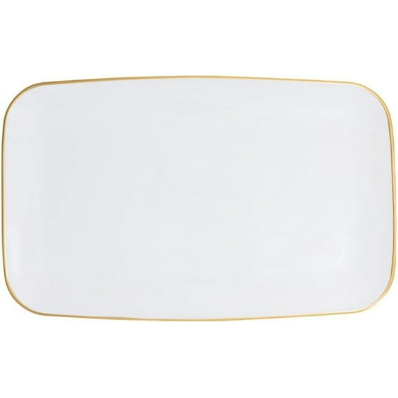 18" x 11" inch Disposable Rectangular White Plastic with Gold Rim Serving Tray, China Like Party Trays, Heavy Duty Dinner Serving Plate, Platter, Weddings, Baby Showers, Catering (1)
