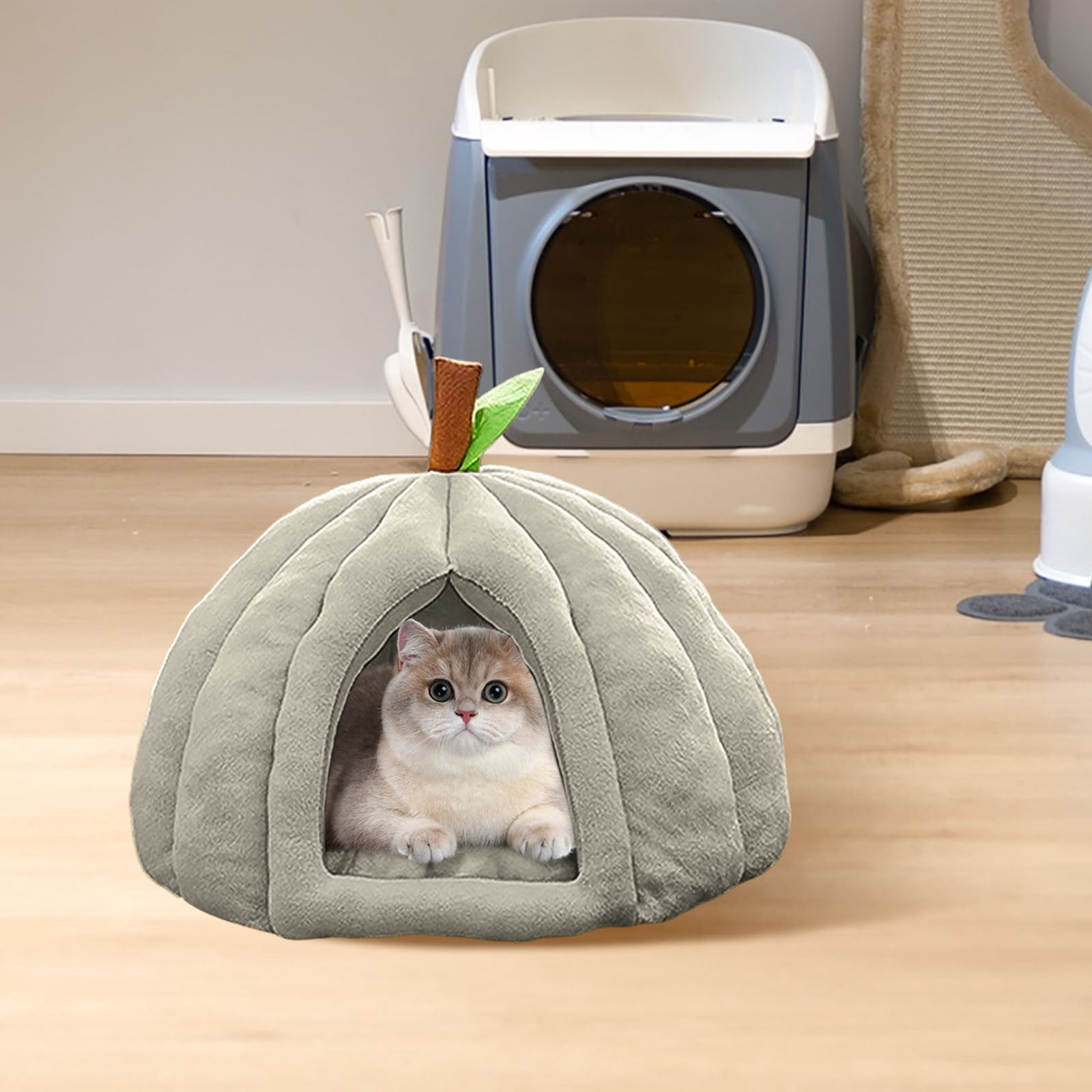 Cozy Pumpkin Cat Cave Bed with Removable Cushion - Warm Enclosed Indoor Cat House for Kittens and Small Dogs, Cute Seasonal Hideaway Sleep Tent Pet Bed