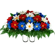 RUBYS SILK FLOWERS Sympathy Silks Artificial Cemetery Flowers 30" Red White & Blue Dahlia cemetery saddle