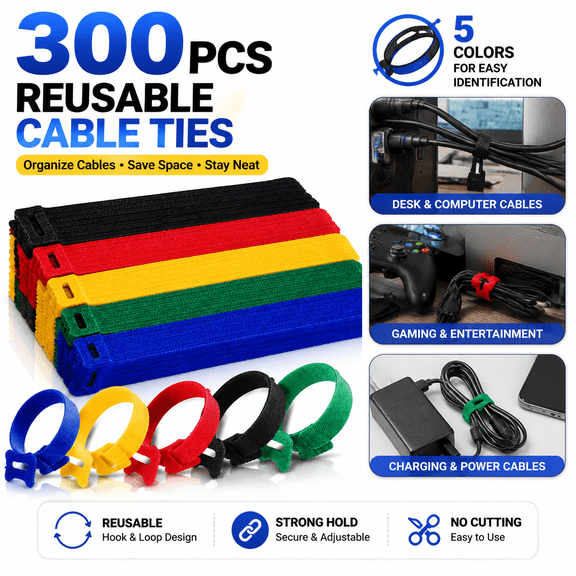 300PCS Reusable Cable Ties 8 Inch, Adjustable Hook and Loop Cable Straps, Cord Organizer Wraps for Cable Management, Multi-Color Wire Ties for Home Office TV Computer Gaming Cables