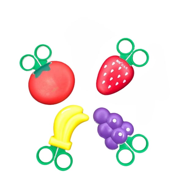 FELTECHELECTR 4 tijeras magnéticas con forma de fruta, útiles escolares creativos y seguros para niños (fresa, uva, tomate y plátano).