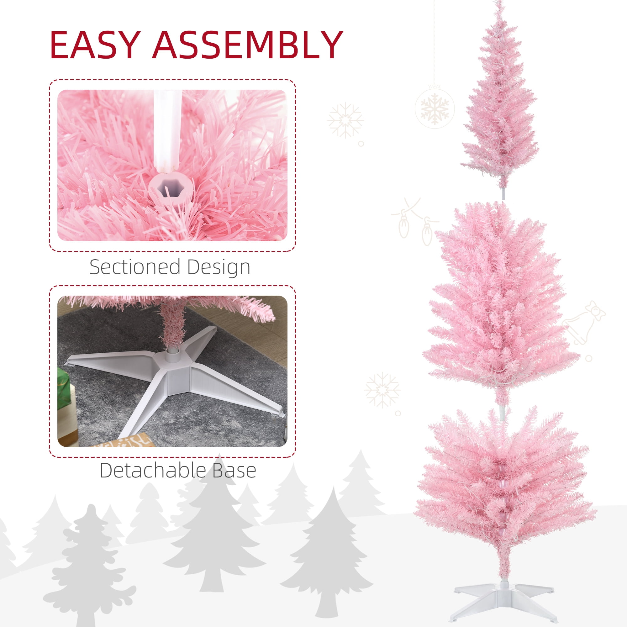 6FT Pink Slim Pencil Artificial Christmas Tree, 390 Tips 200 Warm White LEDs, Section Design, Flame Retardant Sturdy Base, Indoor Holiday Decor