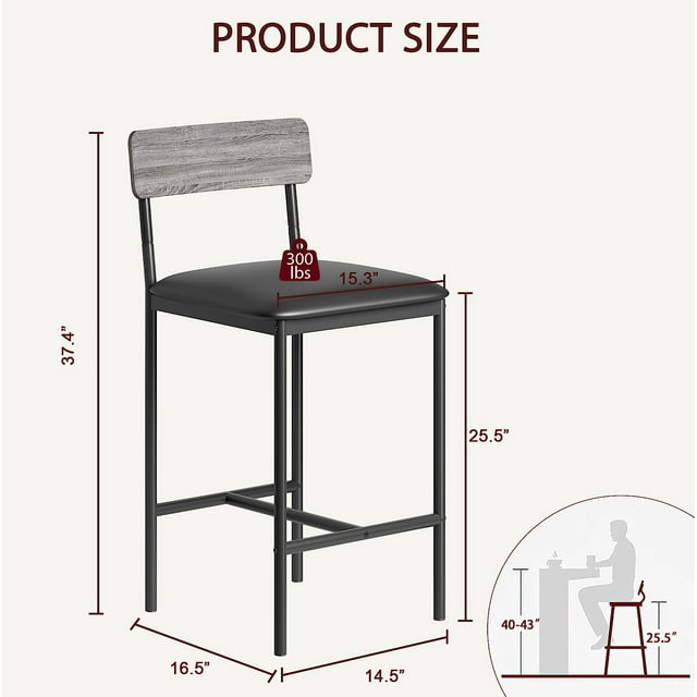 OUYAWEI 4PC Dining Table Set with 2 Upholstered Bar Chairs 3 Storage Shelves Kitchen Bar Table Gray Small Space