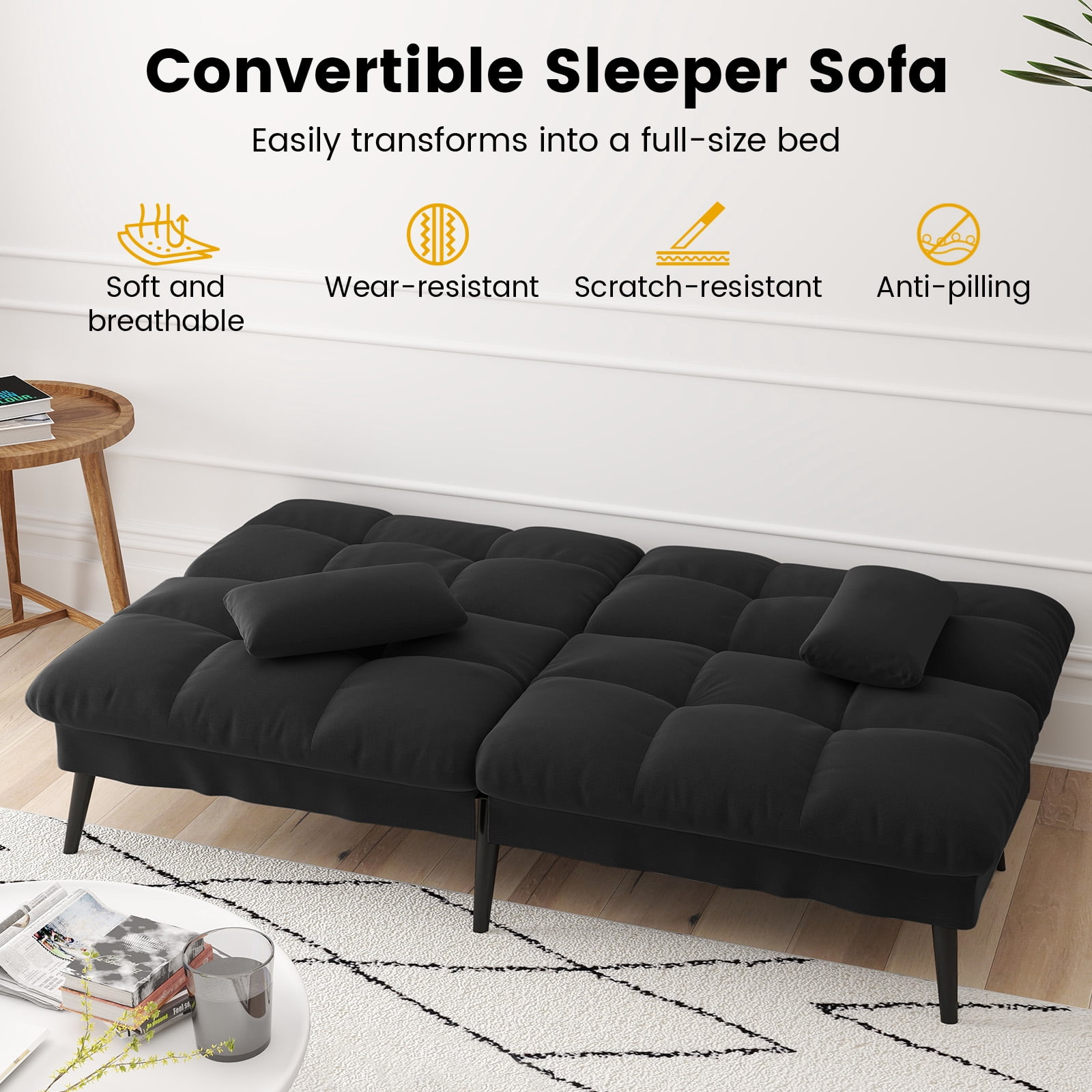 CloudRest Pro 72" Modern Convertible Futon Sofa Bed, Upholstered Futon Couch with 5 Adjustable Backrest Angles,Suitable for Apartment,Living Room,Black