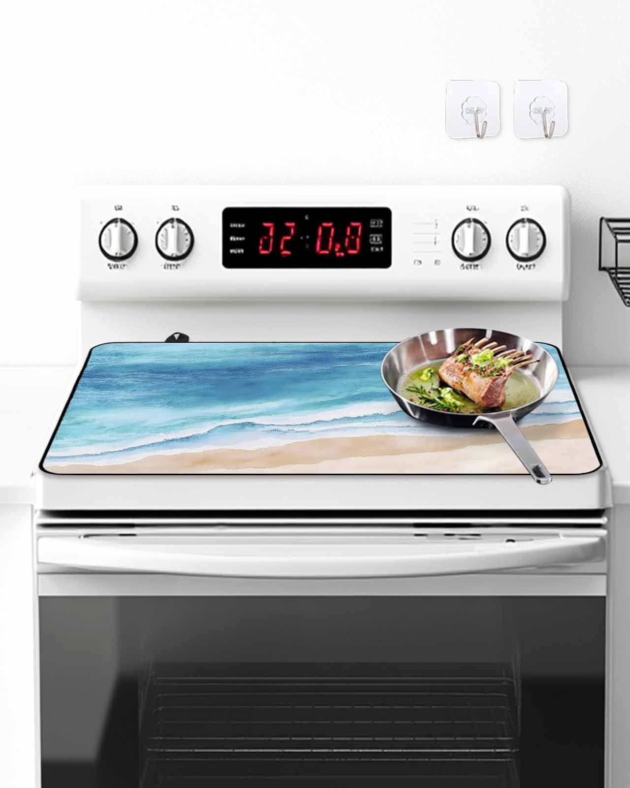 Stove Top Covers for Electric Stove, Blue Waves Glass Stovetop Cover Protector, Gradient Beach Abstract Oil Painting Art Induction Cooktop Protector Oven Mat for Kitchen Countertop 24"x21"