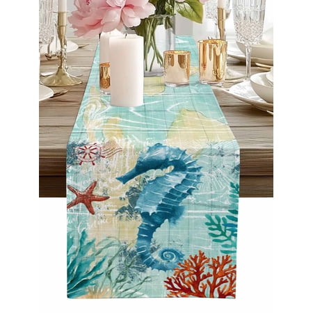 Table Runner Teal Seahorse Table Runners Anchor Coral Ocean Marine Life Cotton Linen Dresser Scarf Kitchen Dining Table Decor for Home Dinner Party Decor 13x90 Inch