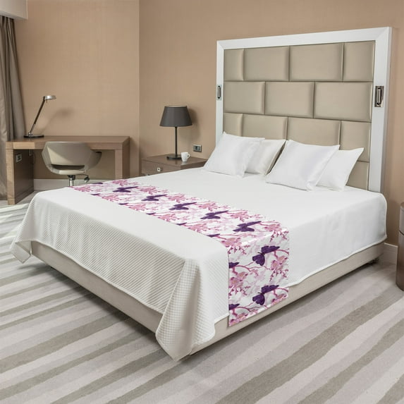 Floral Bed Runner, Delicate Illustration of Flowers and Butterflies, Decorative Accent Bedding Scarf for Hotels Homes and Guestrooms, King, Purple Pink White, by Ambesonne