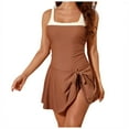 thumbnail image 3 of zaveiop Women One Piece Swimsuit Tummy Control Swim Dress Color Block Modest Bathing Suit Retro Swim Suit Skirt (Coffee, L), 3 of 9