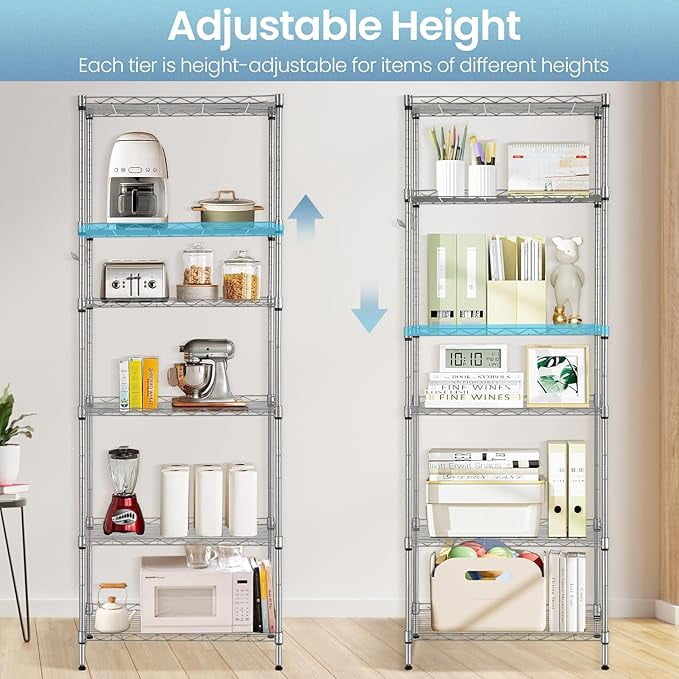 Sailvan 6-Tier 63"H Metal Storage Rack with Wheels, Slim Wire Shelving Unit for Pantry Kitchen Bathroom, Adjustable Shelves with Hooks, 530lbs Cap,Silver
