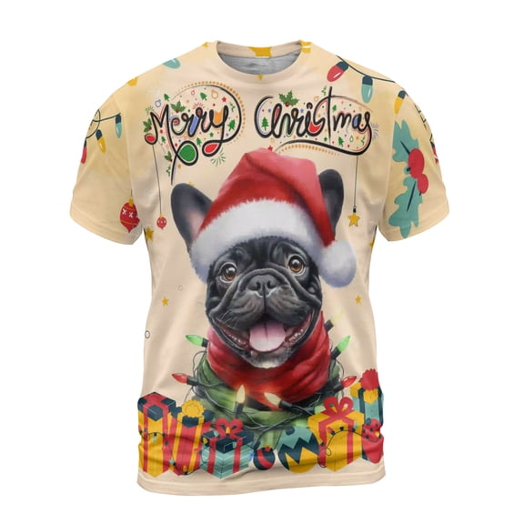 Merry Christmas Santa French Bulldog Scarf Twinkling Lights Xmas Holiday All Over Print 3D Shirt Unisex Merch Dog Lover Gifts - 00022