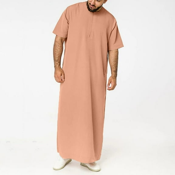 Men Casual Solid Round Neck Zipper Robe Short Sleeve Jubba Thobe Easy to Match for Work Vacation Date Party and Daily Wear