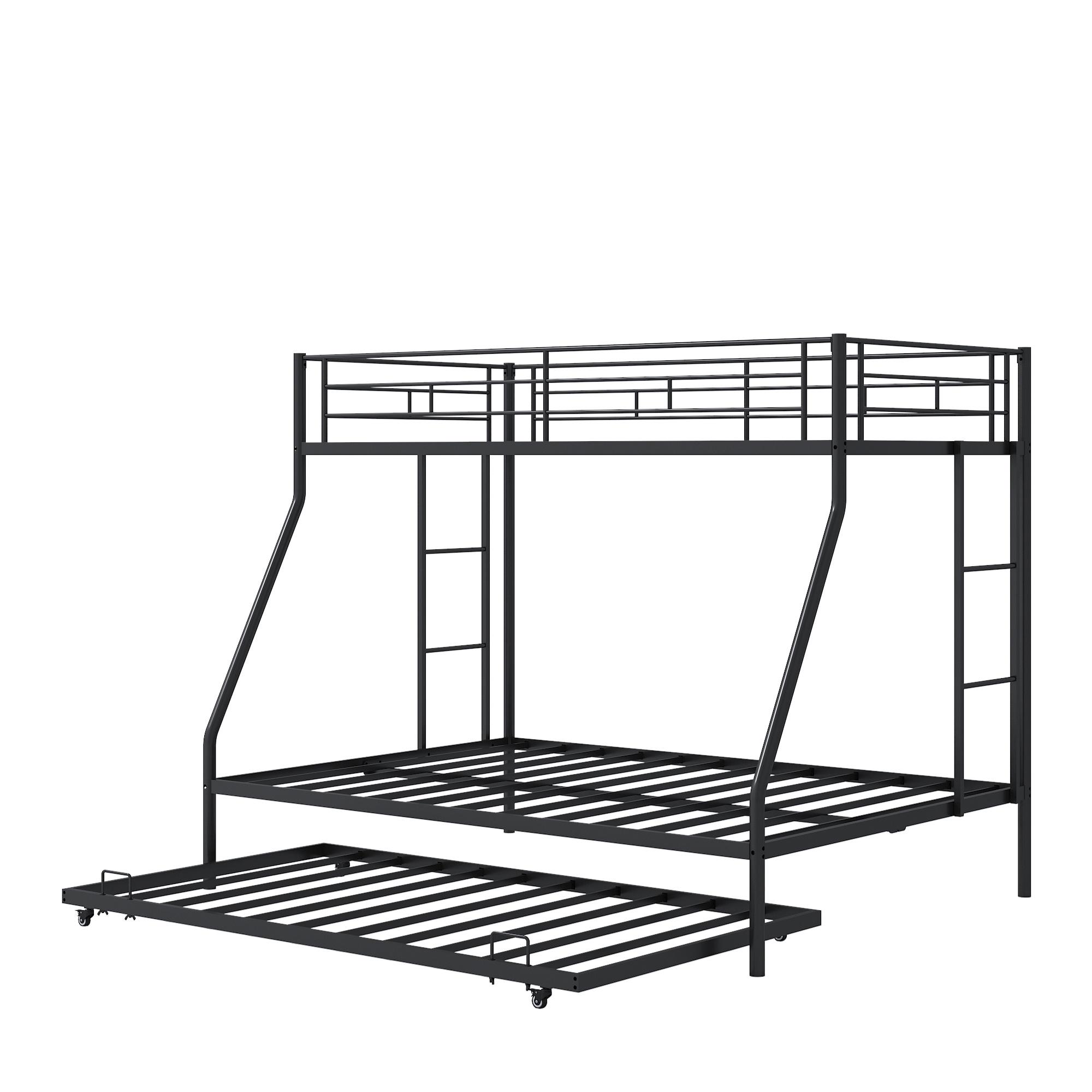 Metal Twin Over Full Bunk Beds with Trundle Bed, UHOMEPRO Twin Over Full Bunk Beds for Kids Adults Teens, Dorm Room Bunkbed with Trundle, 2 Ladders, CPC Certification, No Box Spring Needed, Black