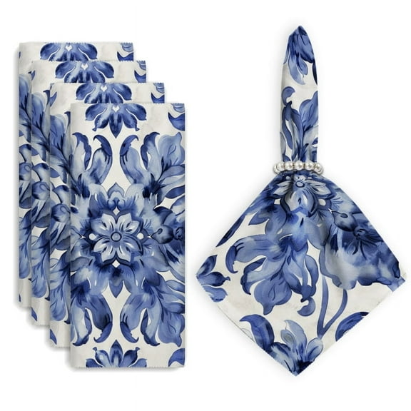 Bahomeck Napkins Set Of 4 Reusable Washable Square Fabric Dining Table Napkins Weddings Party Dinner Decor,18*18 Inch,Blue And White Porcelain Pattern With Floral Motifs