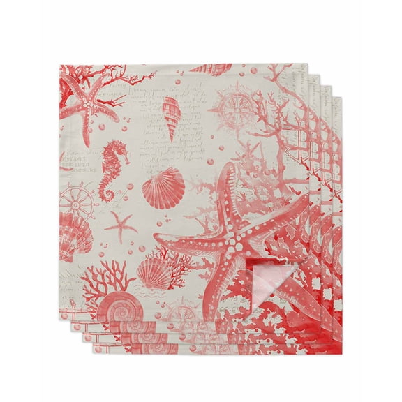 nqOlkjepod Red Coastal Starfish Cloth Napkins Set of 4 Reusable Dinner Napkins, Vintage Seahorse Conch Rudder Cocktail Napkin Washable Table Napkins for Wedding/Holiday Party/Baby Shower 20"x20"