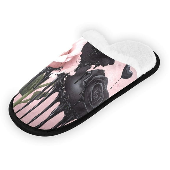 Women's Men's Slippers, Non-Slip Travel Unisex Fleece House Shoes Black and Pink Roses