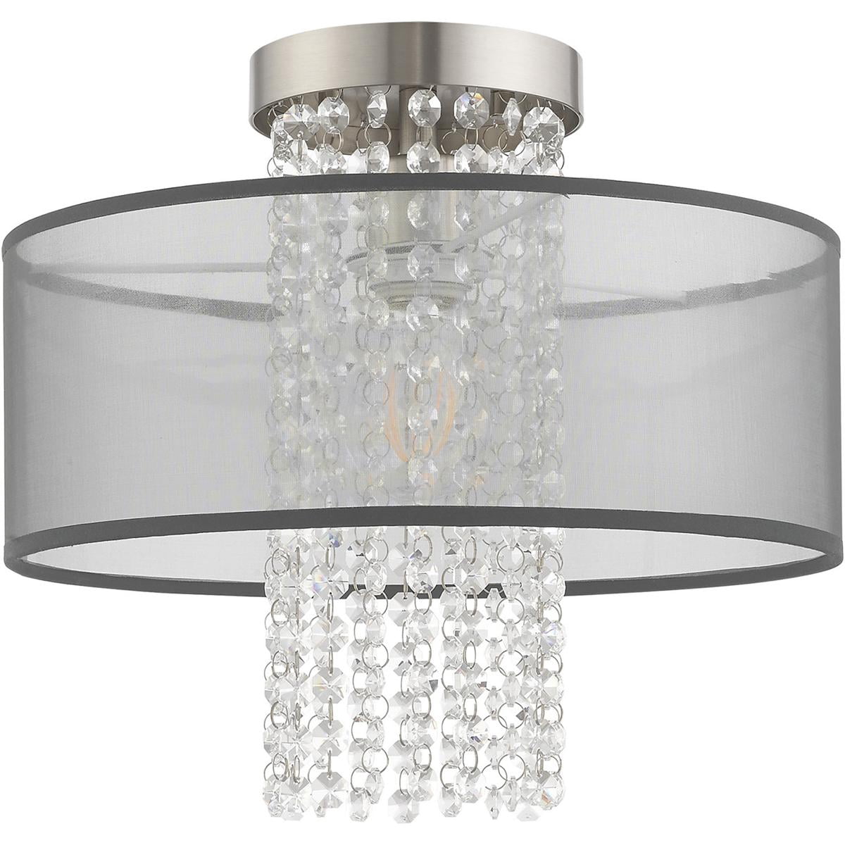 1 Light Brushed Nickel Ceiling Light fixture with Clear Crystals/ Hand Crafted Translucent Black Fabric Shade