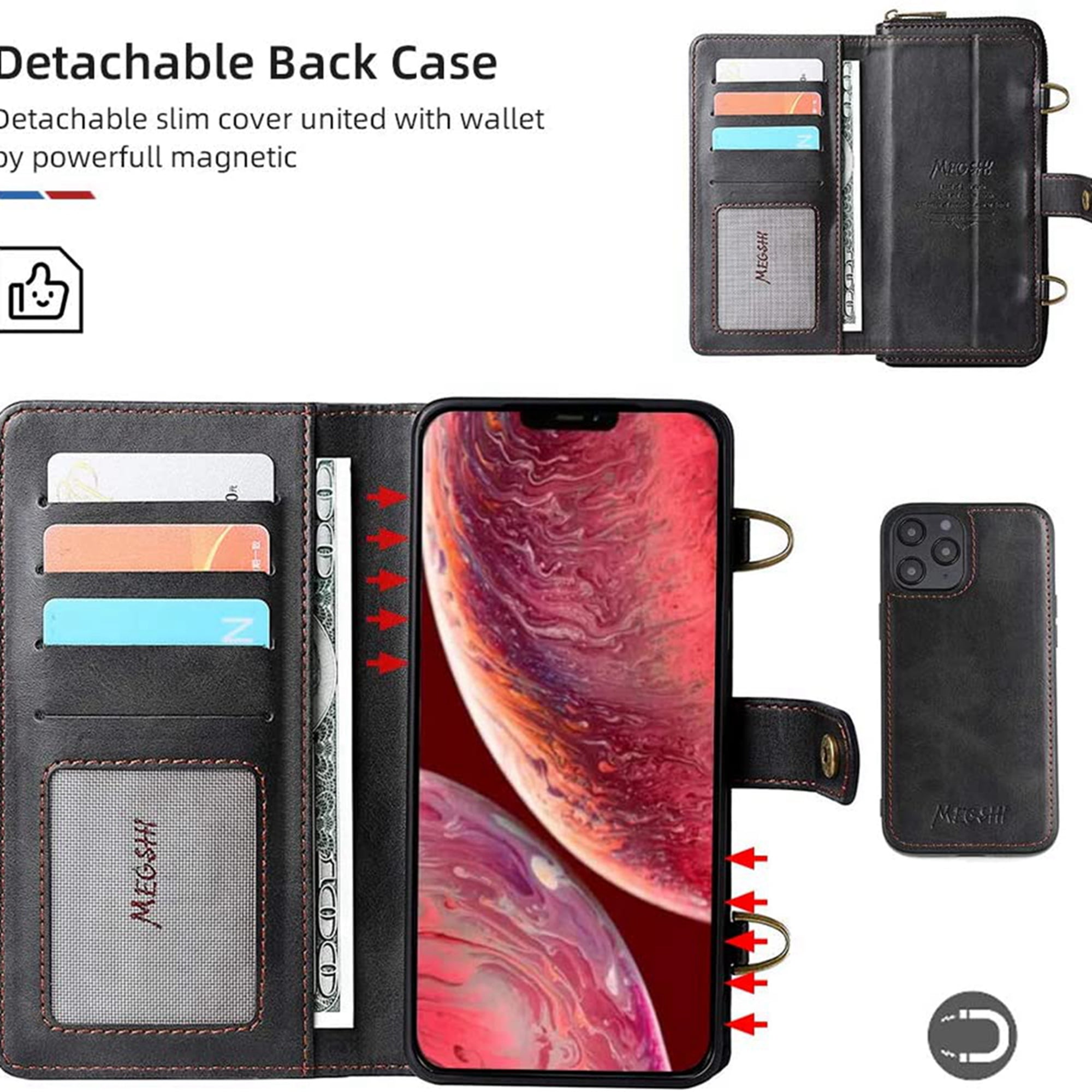 Dteck Wallet Case for iPhone 12 Pro / iPhone 12 6.1-inch, 2 in 1 Magnetic Detachable Wallet Purse [Crossbody Chain] Durable PU Leather Zipper Handbag Folio Flip Card Slot Protection Back Cover, Black