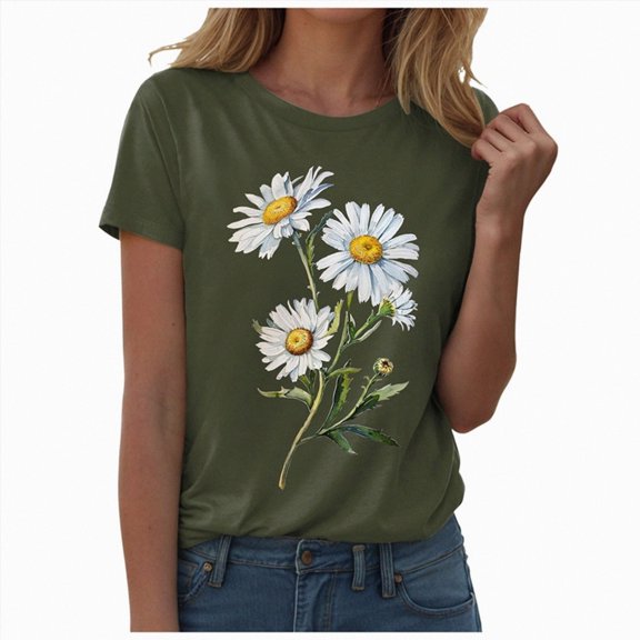 UOCUFY Women's T Shirts Short Sleeve Tees Novelty Graphic Crew Neck Cotton Soft Loose Summer Tops (Army Green, XL)
