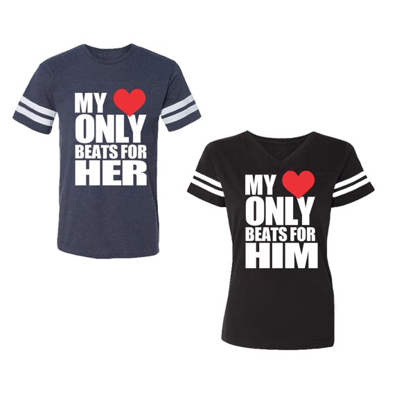 My Heart Only Beat For Her Him Unisex Couple Matching Cotton Jersey style T-Shirt Contrasting stripes on sleeves (Men Navy / Women Black) (Men S / Women S)