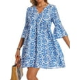 thumbnail image 4 of Women Summer Boho Dress 2025 Casual V Neck Babydoll Ruffle Sleeve Floral Mini Tunic Petite Sundress Blue S, 4 of 9