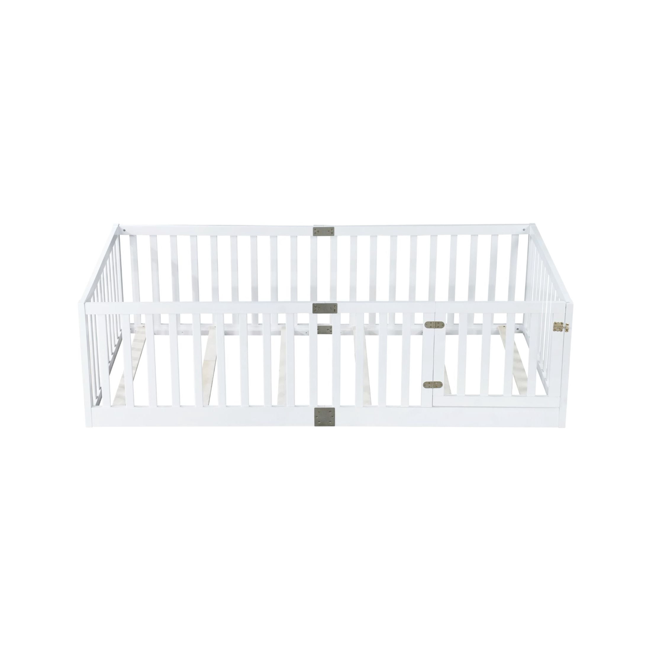 Noble House Alista Twin Size Rubber Wooden Floor Bed with High Safety Fence Guardrails and Door, White