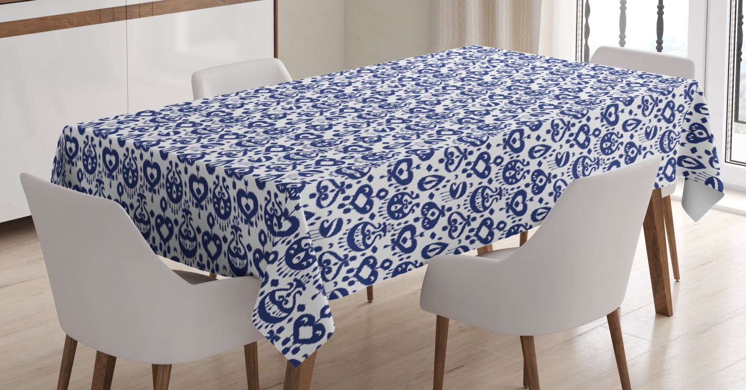 Navy Blue Tablecloth, Traditional Asian Ikat Pattern Artistic Retro