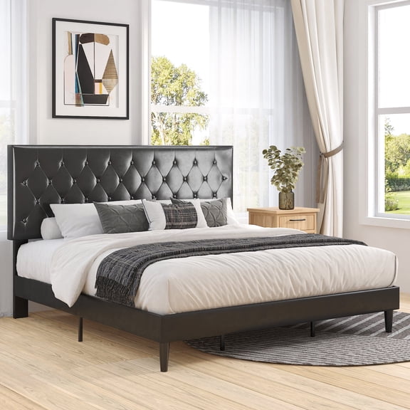 Merrland King Size Platform bed frame with Adjustable Leather Tufted Headboard, Black
