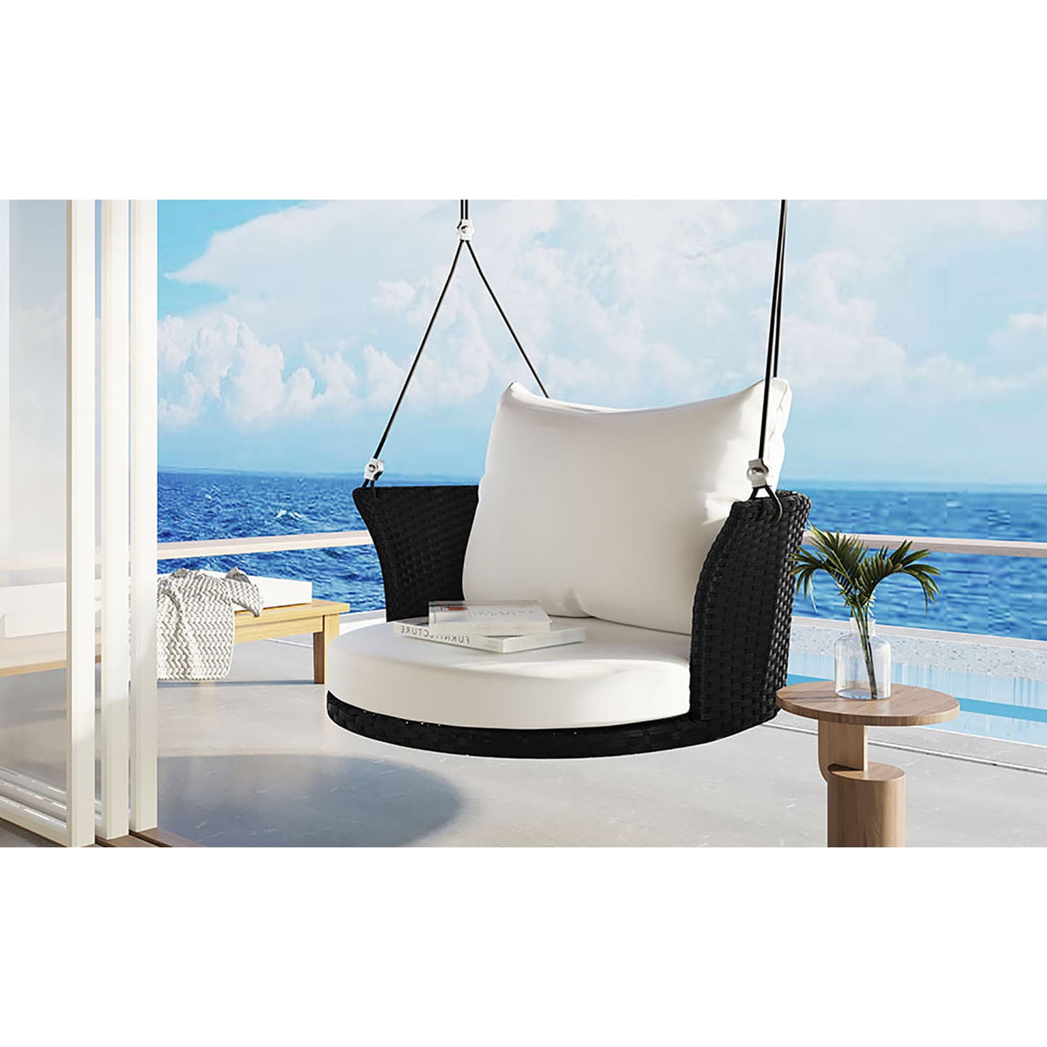 Kadyn 33.8" Single Person Hanging Seat, Rattan Woven Swing Chair With Ropes, Gray Wicker and Cushion, Wicker Porch Swing for Outdoor, Black White Kadyn 33.8" Single Person Hanging Seat, Rattan Woven Swing Chair With Ropes, Gray Wicker and Cushion, Wicker Porch Swing for Outdoor, Black White
