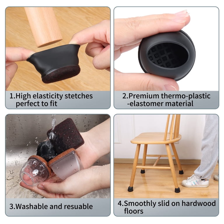 28 Pcs Silicone Chair Leg Floor Protectors With Thickened Felt Pads – Fits 0.63-0.83 Inch Legs (Black, XS)