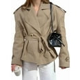 thumbnail image 3 of Female Cropped Trench Coat Casual Double Breasted Short Jacket Fall Fashion Outerwear with Belt Khaki S, 3 of 9