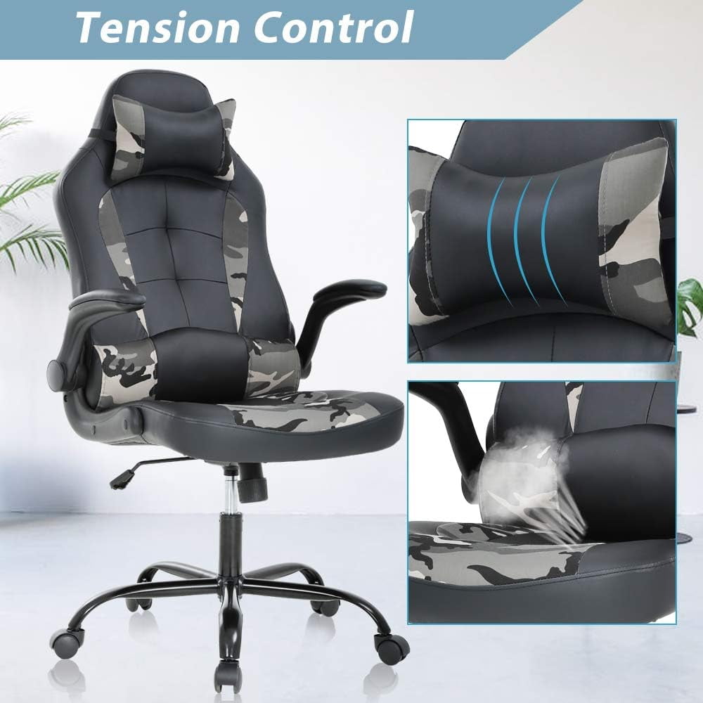 Dkelincs PC Gaming Chair Ergonomic Office Chair with Lumbar Support Flip Up Arms Headrest Adjustable Computer Desk Chair for Adults, Camo