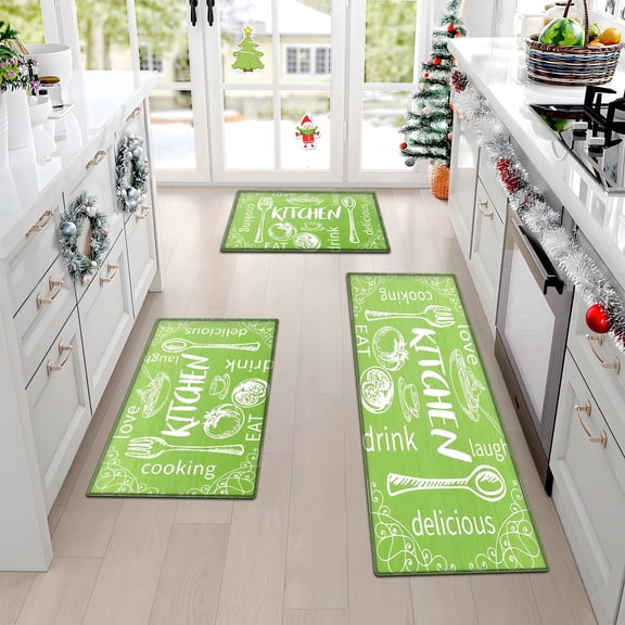 Non-Slip Flannel Kitchen Rugs Set of 3 - Washable Absorbent Floor Mats, Runner for Cooking, Laundry, Bathroom, Doormat, Happy Holidays Decor