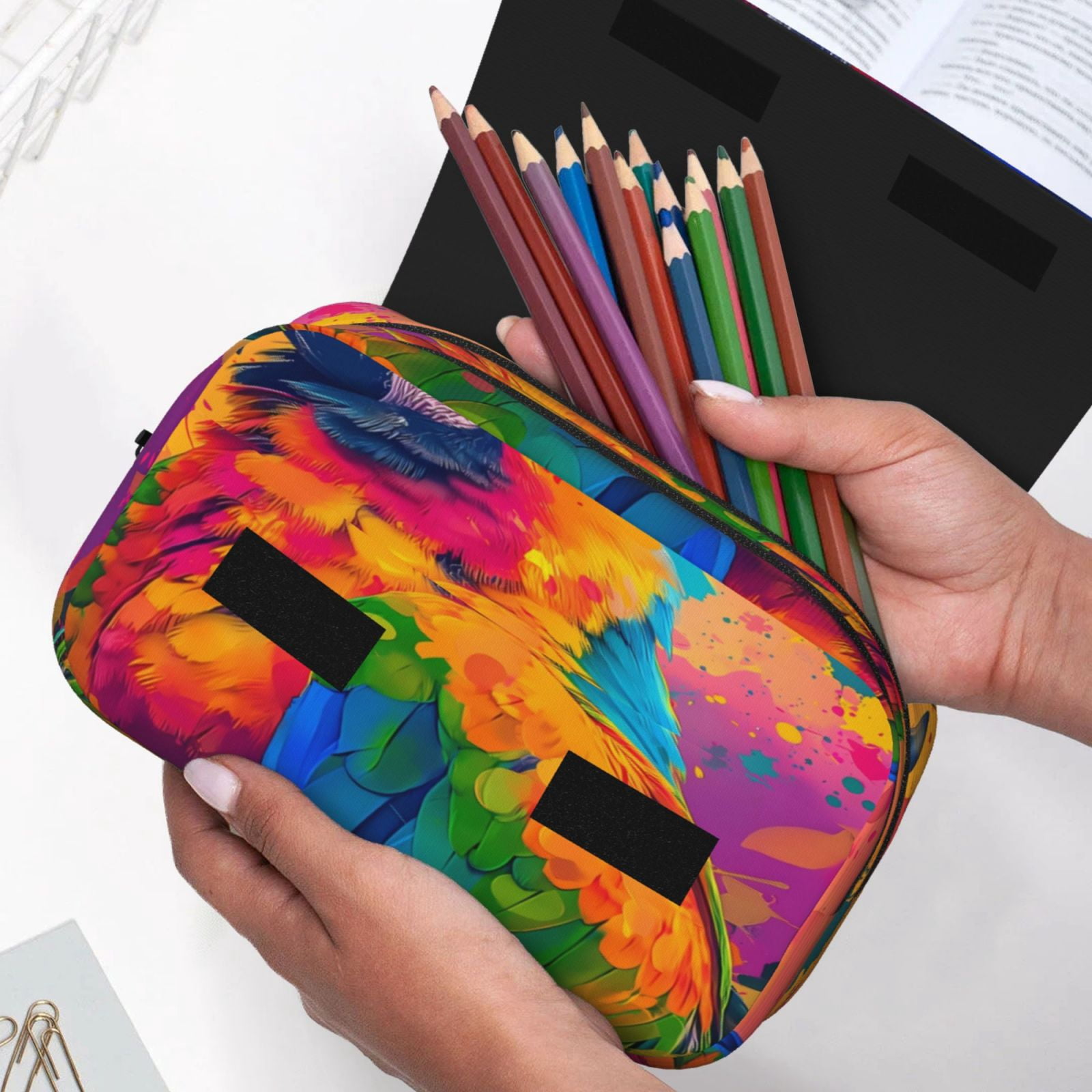 Rateoe Colorful Parrot Jungle Dream A Pattern Double Clamshell Pen Case, Storage Organizer with Two Zipper Compartments– Holds Up to 50 Pencils & Pens