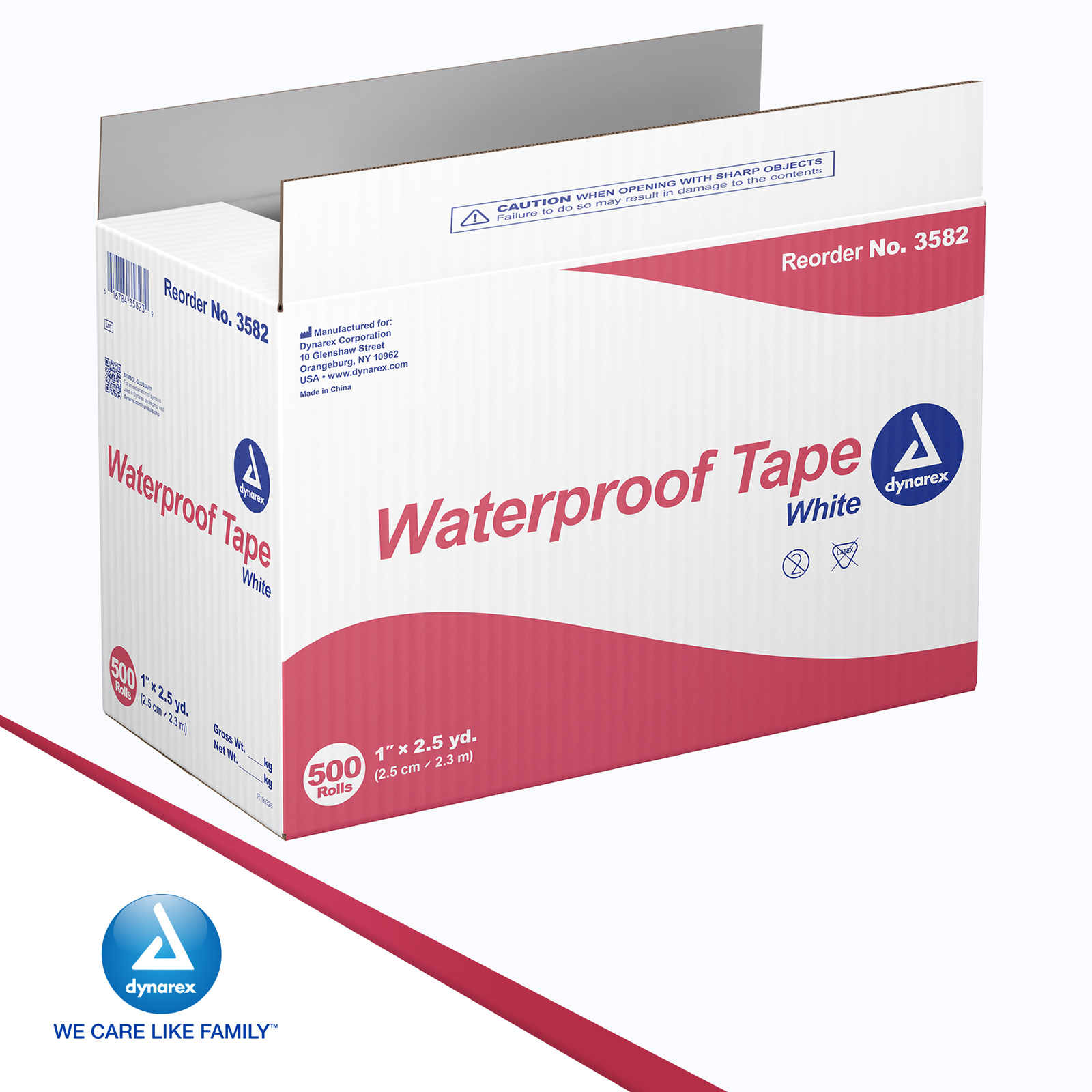 Dynarex Waterproof Adhesive Tape - High-Tensile, Strong Adhesive, Non-Sterile - No Rubber Latex & DEHP - 1” x 2.5 Yards - 500 Rolls per Bulk Case